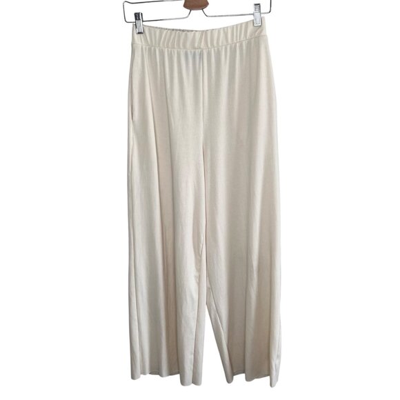 Dressed in LALA Small Cream Colored High-Waisted Wide Leg Ribbed Pants - Picture 1 of 8